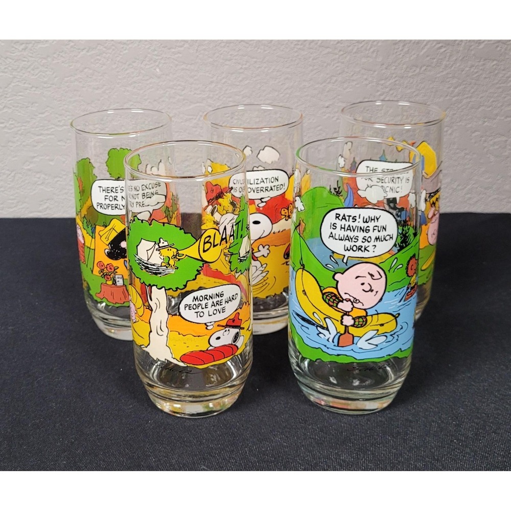Vintage 1983 McDonalds Camp Snoopy Glasses Complete Set of 5 Peanuts Tumblers
